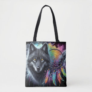 Tote Bag Loup noir avec attrape-rêves