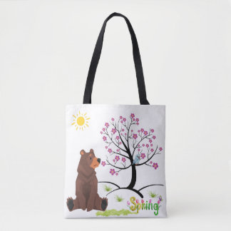 Tote Bag L'ours observe l'arbre en fleurs et l'oiseau