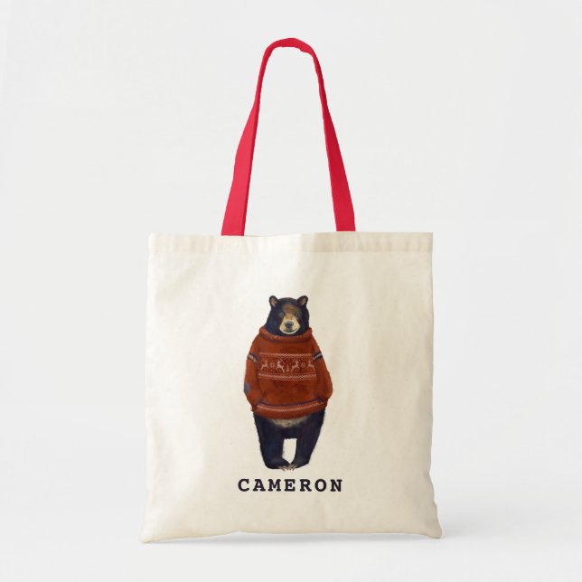 Tote Bag L'ours rouge de chandail de renne | ajoutent votre (Devant)