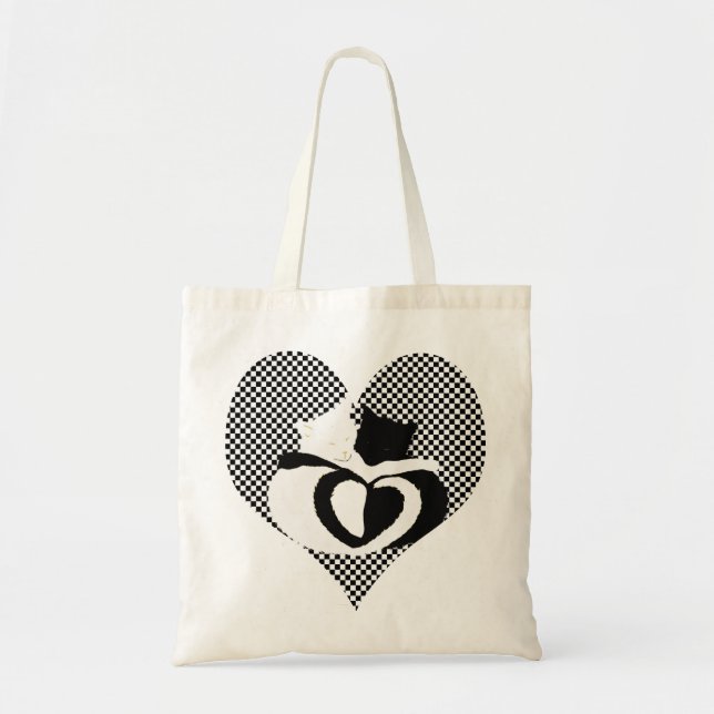 Tote Bag Love Cats - queue noire et blanche, coeurs entrela (Devant)