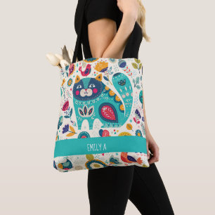 Tote Bag Love Cats Scandinaves Folk Art Flowers Birds Nom