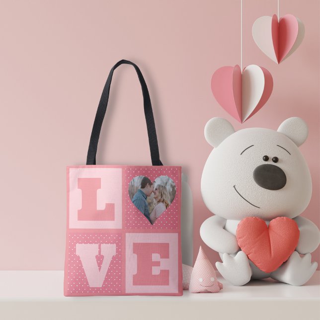 Tote Bag Love Couple Photo Coeurs roses Motif Valentines (Créateur téléchargé)