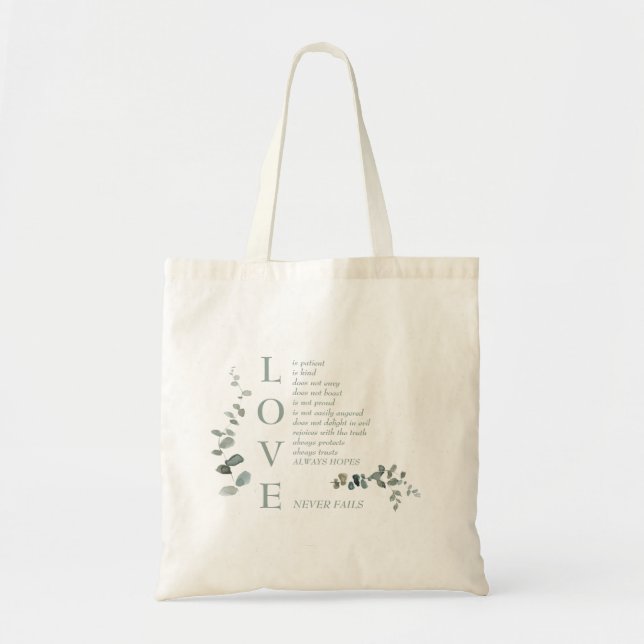 Tote Bag Love Scripture Foliage Sage Texte Nom personnalisé (Devant)