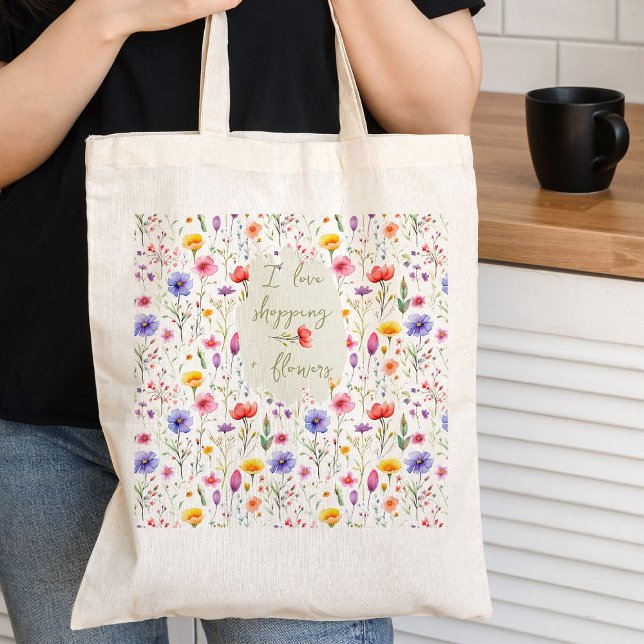 Tote Bag Love Shopping et Fleurs Fleur sauvage coloré (I love shopping and flowers, wildflower tote bag from my Mother's Day Wildflower Collection)