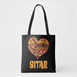 Tote Bag Love Sitar Orange Mandala Heart Musique indienne