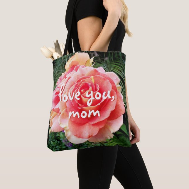 Tote Bag Love You Mom Script Rose Fleur Photo Moderne (De près)