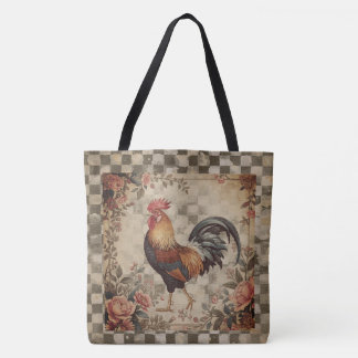 Tote Bag Lovely Vintage Rooster and Flowers Pattern