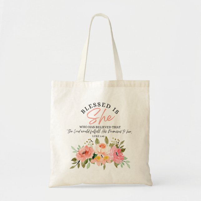 Tote Bag Luc 1:45 Béni est Elle Écriture Florale (Devant)