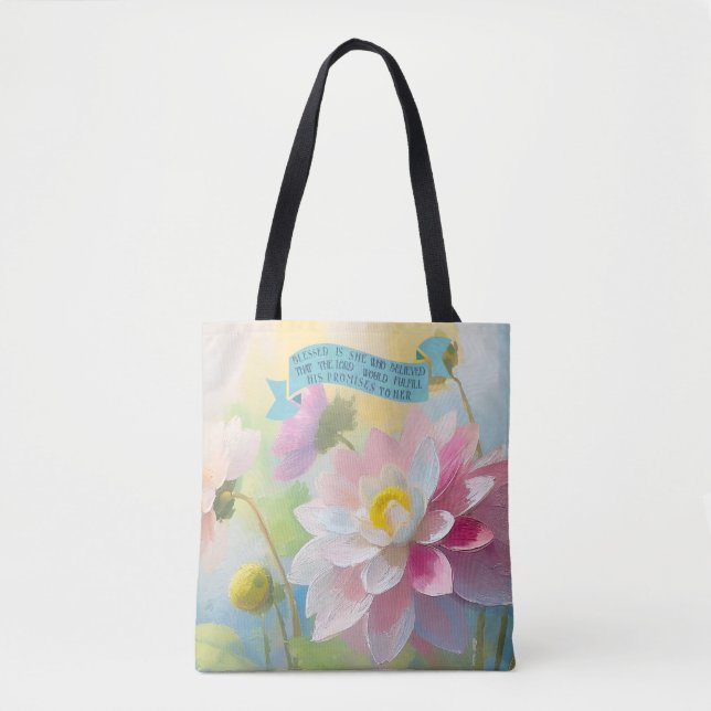 Tote Bag Luc 1:45, Fleur Dahlia, Citations bibliques Mères (Devant)