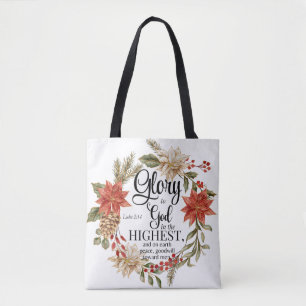 Tote Bag Luc 2:14 Gloire à Dieu Noël Or Floral