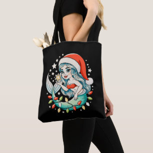 Tote Bag Lumières de Noël Sirène Chapeau de Père Noël Fille