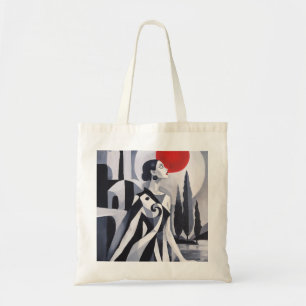 Tote Bag Lune écarlate : Femme stylisée dans un paysage mon