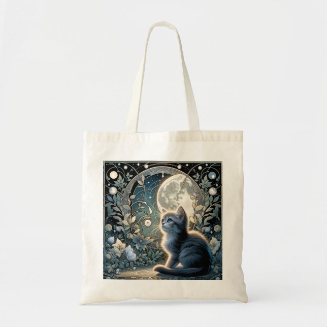 Tote Bag Lune Kitten Bleue Nuit Art Nouveau (Devant)