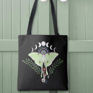 Tote Bag Lune Papillon Éthéré Vert Mystique Céleste