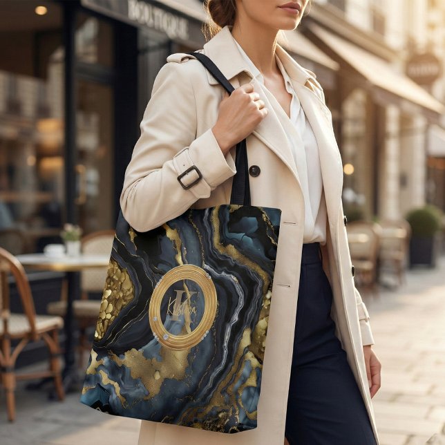 Tote Bag Luxury Navy Blue & Gold Agate Marble Monogram (Créateur téléchargé)