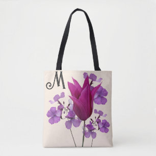 Tote Bag M monogramme jolie fleur de tulipe rose violet gir