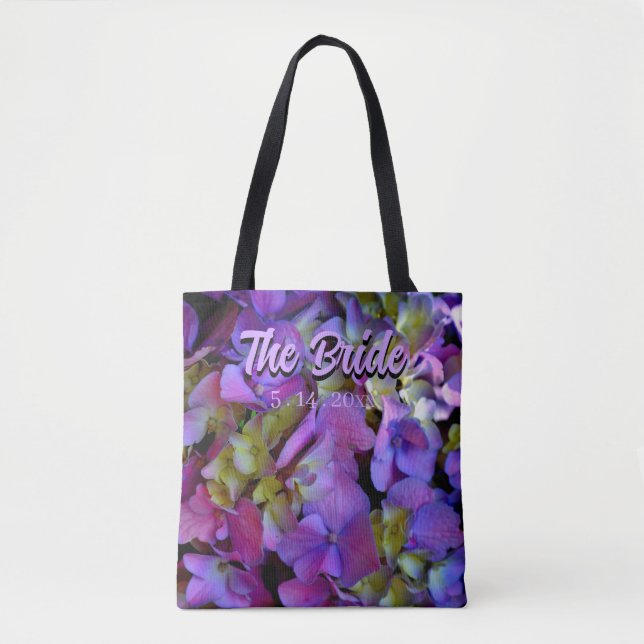 Tote Bag Magenta Violet bleu jaune Hydrangeas fleurie Marié (Devant)