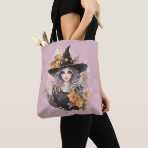 Tote Bag Magnifique chapeau de sorcière étoiles fumée viole