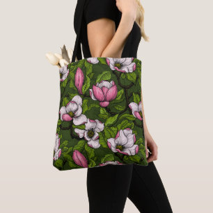 Tote Bag Magnolia en floraison sur vert foncé