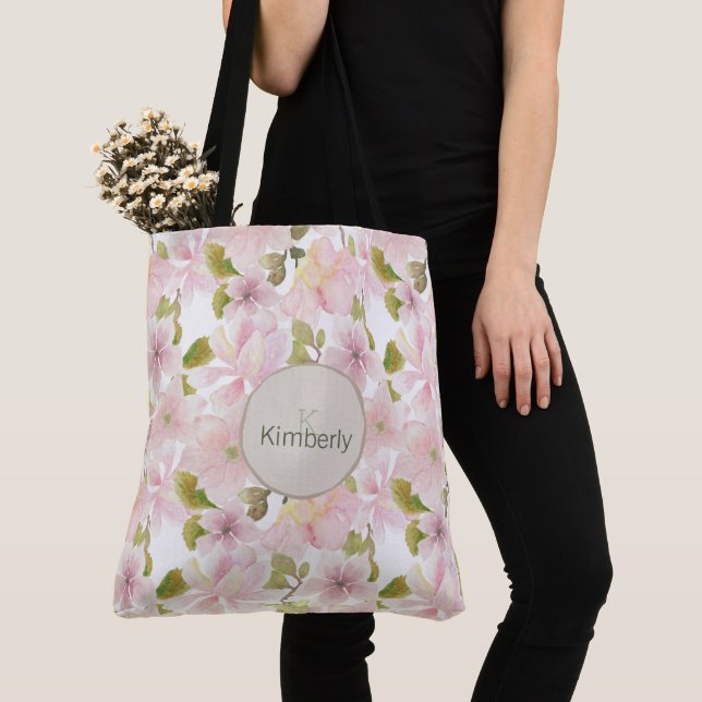 Tote Bag Magnolia Florale Monogramme Initiale Teint Rose (De près)