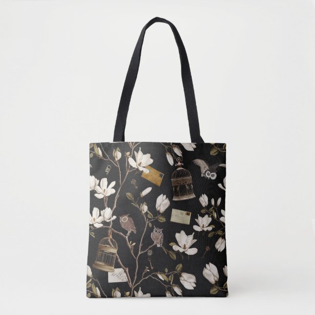 Tote Bag Magnolia Grove with Owls in Black (Devant)