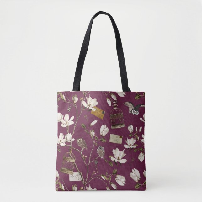 Tote Bag Magnolia Grove with Owls in Mulberry Red (Devant)