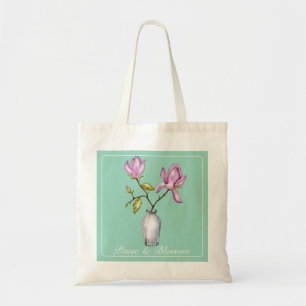 Tote Bag Magnolia Rose Élégant Aquarelle dans un Vase en Ve