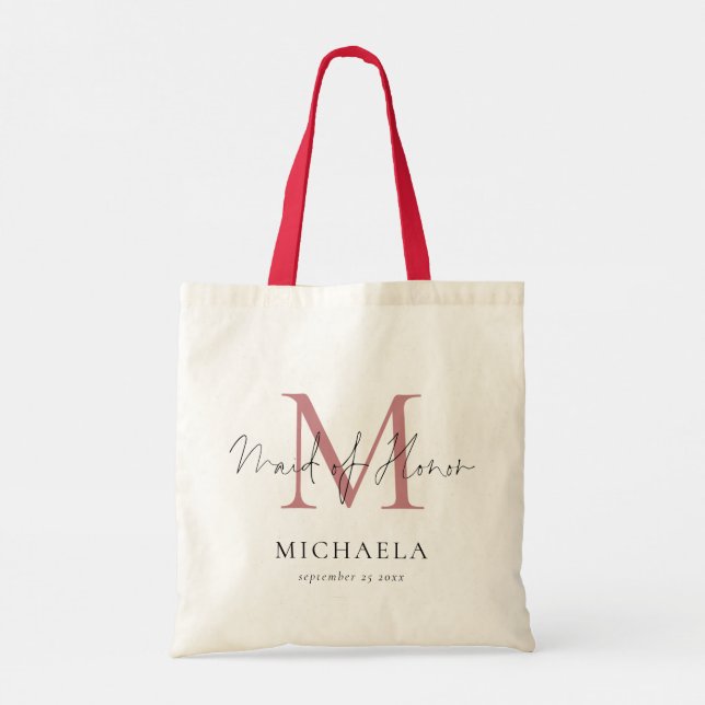 Tote Bag Maid Honor Monogramme Nom initial Dusty Rose rose (Dos)