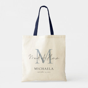 Tote Bag Maid of Honor Monogramme Nom initial Script Blue