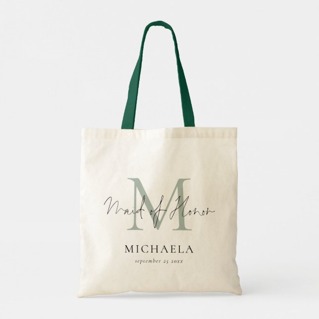 Tote Bag Maid of Honor Monogramme Nom initial Script Sage (Dos)