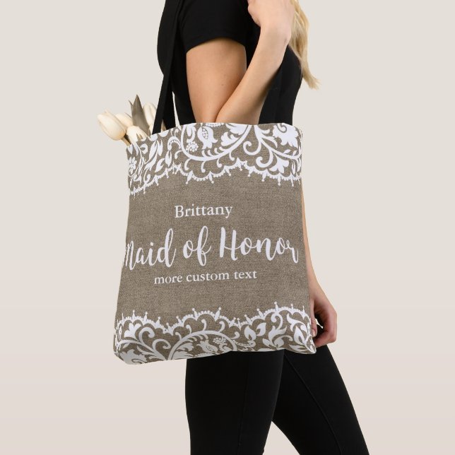 Tote Bag Maid of Honor Rustic Lace Burlap Mariage personnal (De près)