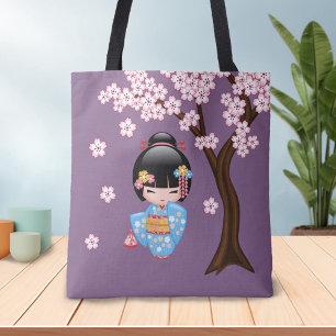 Tote Bag Maiko Kokeshi Doll - Blue Kimono Geisha Girl