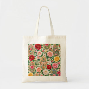 Tote Bag Main de Hamsa florale et mauvais œil de roses colo