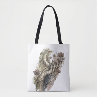 Tote Bag Main Mystique et Lune Croissante Bohème Aquarelle 