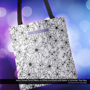 Tote Bag Main tiré Floral Blanc noir Motif pourpre Nom