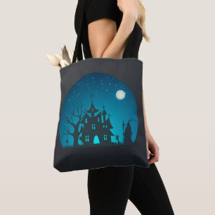 Tote Bag Maison éffrayante et amusante Bleue et Noire Haunt