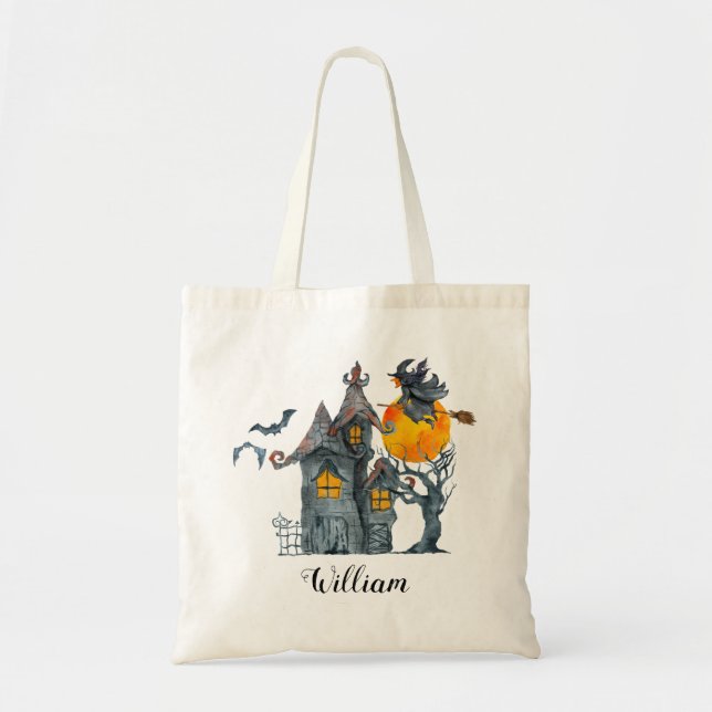 Tote Bag Maison hantée, arbres éffrayants et sorcière Hallo (Devant)
