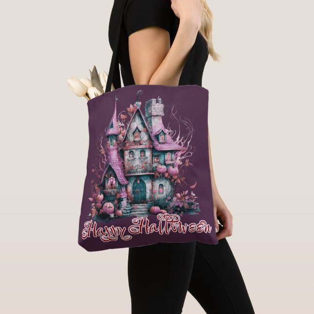 Tote Bag Maison hantée déplaisante rose et gris Halloween h (De près)