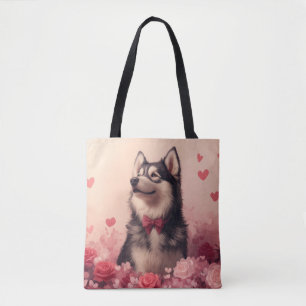 Tote Bag Malamute d'Alaska avec des roses - Saint-Valentin