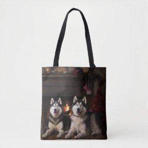 Tote Bag Malamute en Alaska près de la cheminée Noël