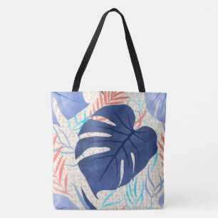 Tote Bag Maleah Monstera Tropical Hawaiian Watercolor- Blue