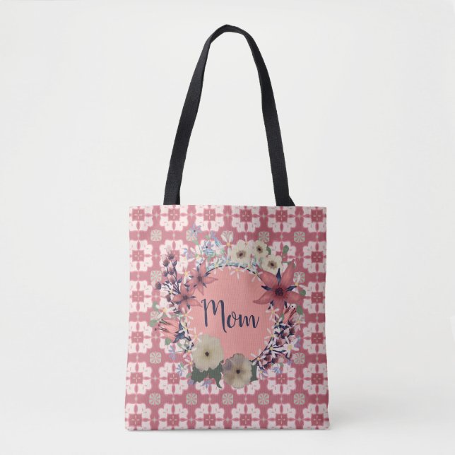 Tote Bag Maman | Couronne florale rose | Monogramme (Devant)