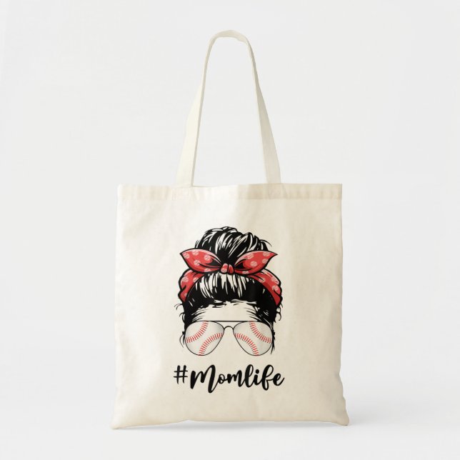 Tote Bag Maman Vie Softball Baseball Mères Day Messy Bun W (Devant)