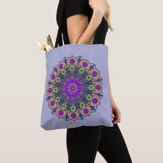 Tote Bag Mandala 12 Violet Peach rose vert sur violet -