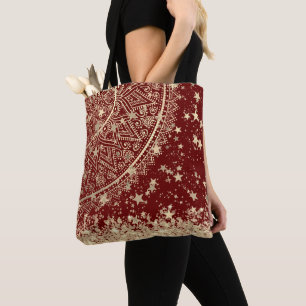 Tote Bag Mandala enchanteur avec étoiles d'or sur rouge