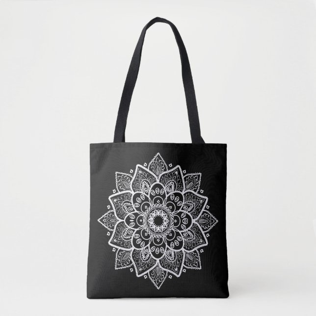Tote Bag Mandala floral noir et blanc réversible (Devant)