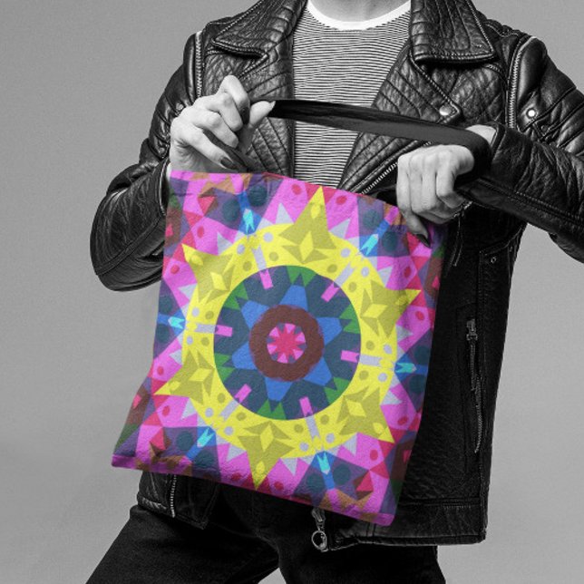 Tote Bag Mandala Flower bleu jaune et rose (Créateur téléchargé)