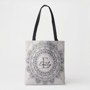 Tote Bag Mandala Nom personnalisé Monogramme Monochrome gri