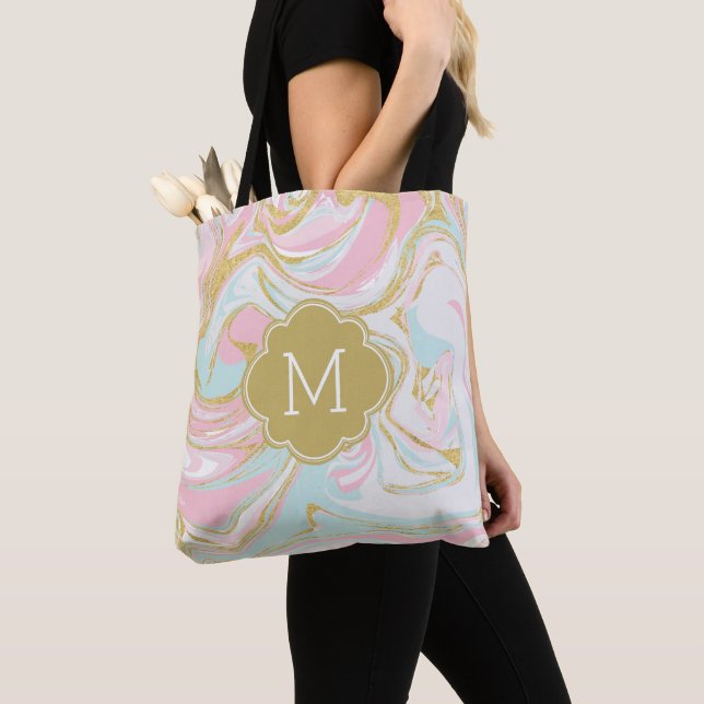 Tote Bag Marbre d'encre bleu rose Monogramme (De près)