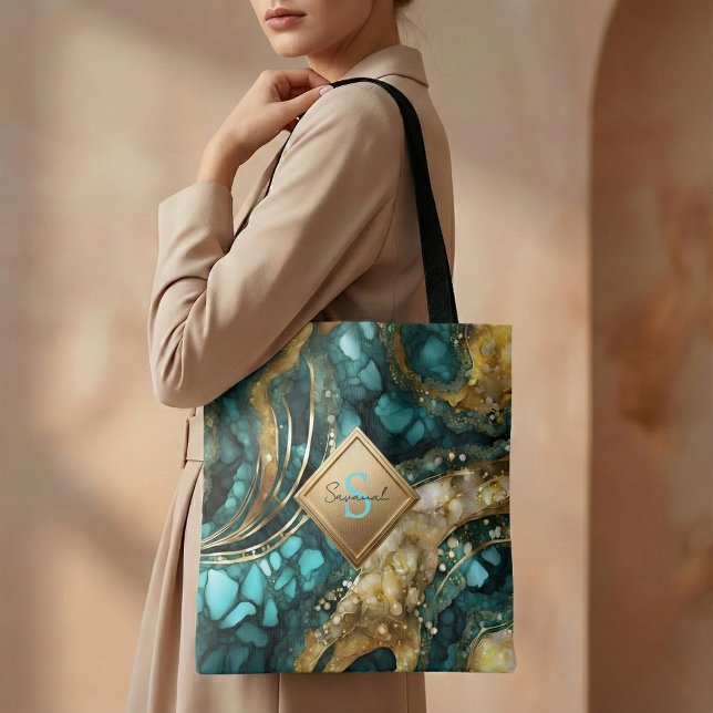 Tote Bag Marbre géode agate or bleu sarcelle monogramme nom (Créateur téléchargé)